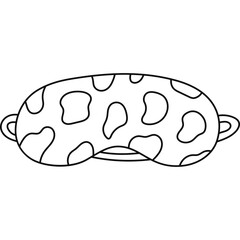 Cute outline sleeping mask with cow print, Simple girly eye mask with animal pattern. Hand drawn bedtime accessory for peaceful dreaming to prevent insomnia. Doodle isolated on white background.