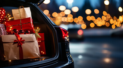 A packed car trunk with bags of holiday treasures: shiny red and gold baubles, LED stars, festive wrapping paper, and a stack of gifts, framed by a wintery parking lot scene.