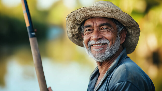 An elderly Brazilian fisherman with a friendly smile holds his fishing rod near a serene river. He wears a straw hat and exudes happiness and contentment in the beautiful outdoor setting.