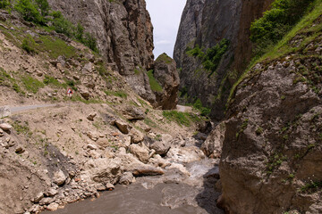 Mountain muddy river in a beautiful gorge. Gubinsky district. Azerbaijan.