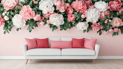 Beautiful floral wallpaper above a stylish white sofa