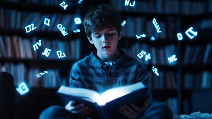 Fototapeta premium A dimly lit room with a glowing book in the boyâs hands, casting light on floating letters around him, representing the illumination of new learning pathways for dyslexia.