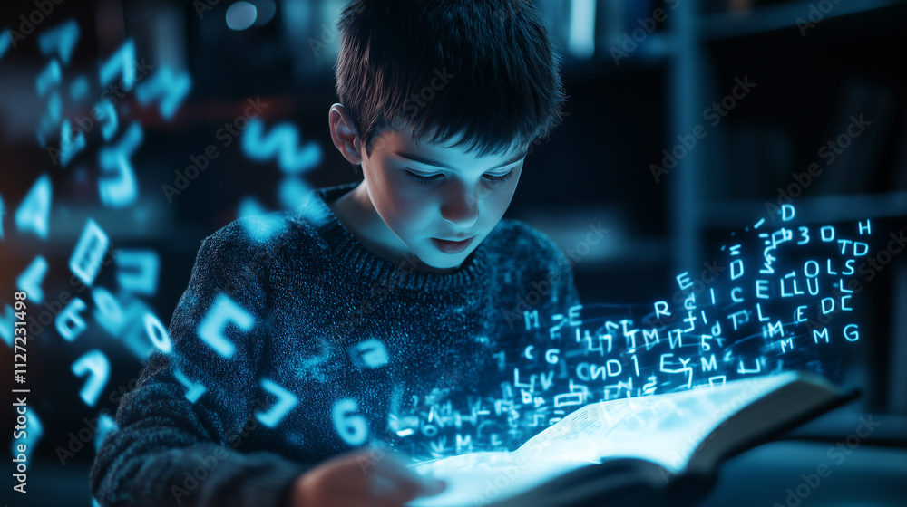 Poster a futuristic scene with a boy reading an interactive digital book, where letters float holographical