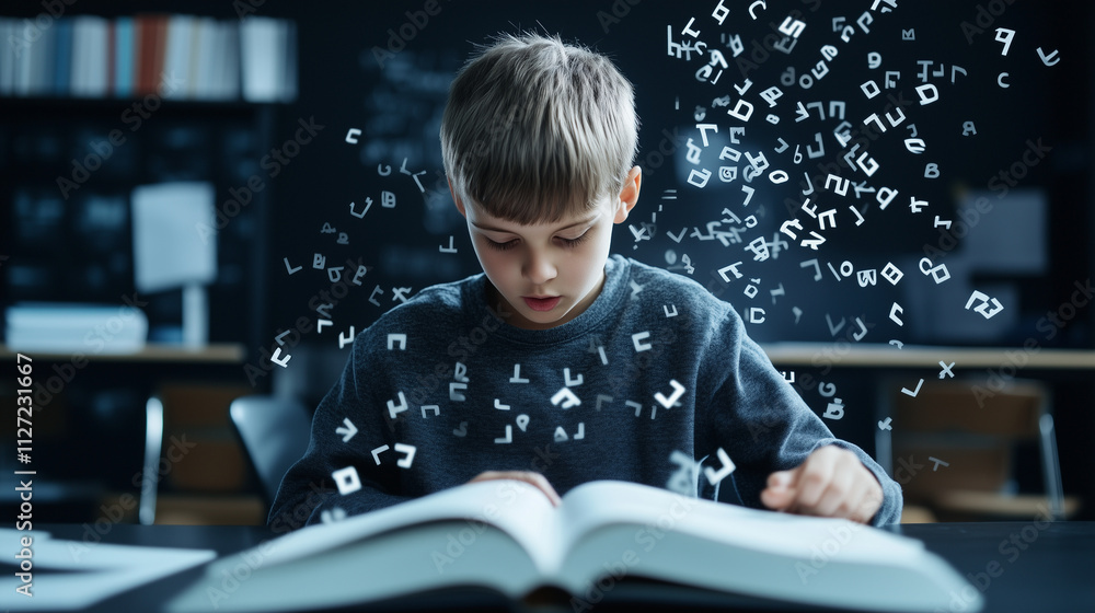 Poster a classroom environment where a boy is reading with floating letters forming a path leading from the