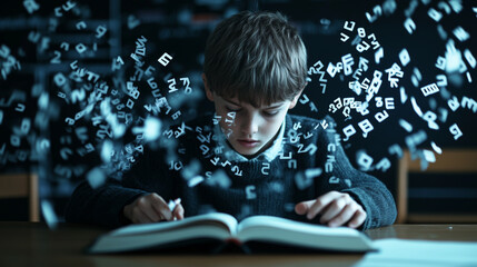 A classroom environment where a boy is reading with floating letters forming a path leading from the book, symbolizing the journey of literacy and overcoming dyslexia.