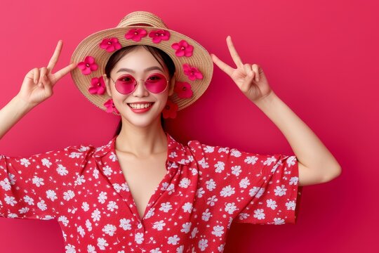 Joyful american woman with trendy hairstyle smiles at camera in summer fashion portrait