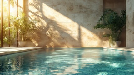 Sunlight illuminates an empty indoor swimming pool surrounded by potted palm plants and beige travertine walls, creating a serene and luxurious atmosphere