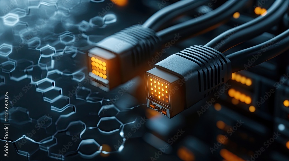 Poster abstract visualization highlights optical fiber cables connected to a network switch in a high-tech 