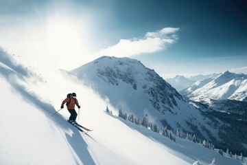 Professional skier wearing an orange jacket and backpack is skiing down a snowy mountain slope on a sunny day, enjoying the fresh powder and breathtaking scenery