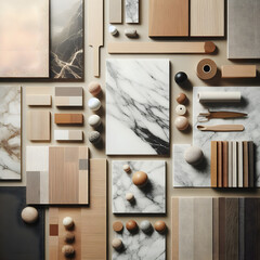 A featuring a flat lay of interior design material samples including marble wood and stone in neutral and earthy tones is on its way