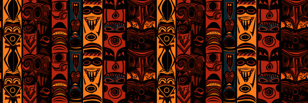 Patterns of traditional African masks, tribal and intricate, cultural and mysterious. Background, seamless pattern.