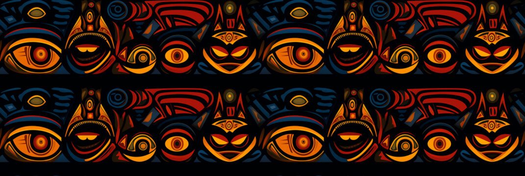 Patterns of traditional African masks, tribal and intricate, cultural and mysterious. Background, seamless pattern.