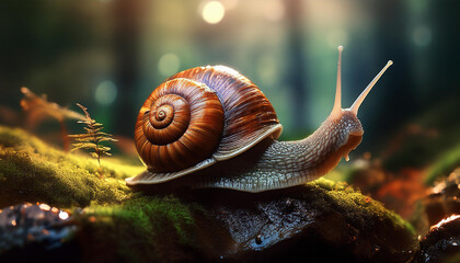 close up photo of snail on mossy rock