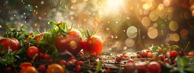 Tomatoes and fresh vegetables in a garden with golden sunlight