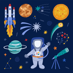 Naklejka premium Cute cartoon space and astronomy set with cosmonaut, rocket, telescope, the Sun, star dust, celestial bodies. Childish symbols of cosmos. Hand drawn clipart collection isolated on background.
