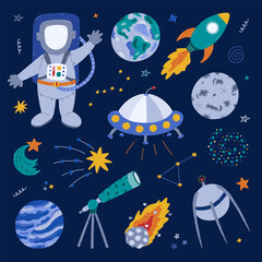 Cute cartoon cosmos and astronomy set with cosmonaut, UFO ship, satellite, Earth and Moon, star dust, jet. Childish symbols of galaxy. Hand drawn clipart collection isolated on background.