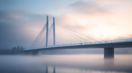 Fototapeta premium A Beautiful Bridge Crossing Over Foggy Water in Soft Morning Light