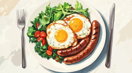 A hearty breakfast plate with perfectly fried eggs, golden-brown sausages, and a side of greens, placed on a clean white table.