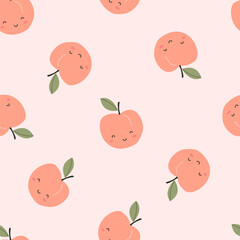 Seamless pattern with cute peach fruits on a colored background. Vector illustration for printing. Cute children's background. Food and drinks