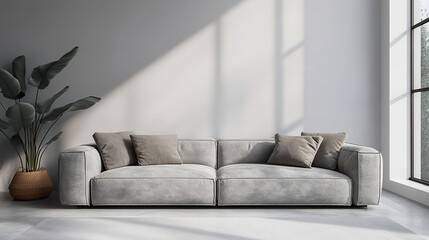 Light-Filled Living Room with Grey Sofa and Subtle Decor