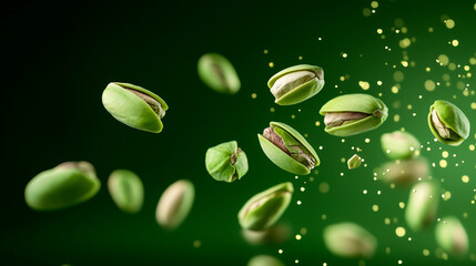 A stunning arrangement of pistachios floating weightlessly, their vibrant green nuts peeking from shells, with a subtle golden glow evoking natural goodness.