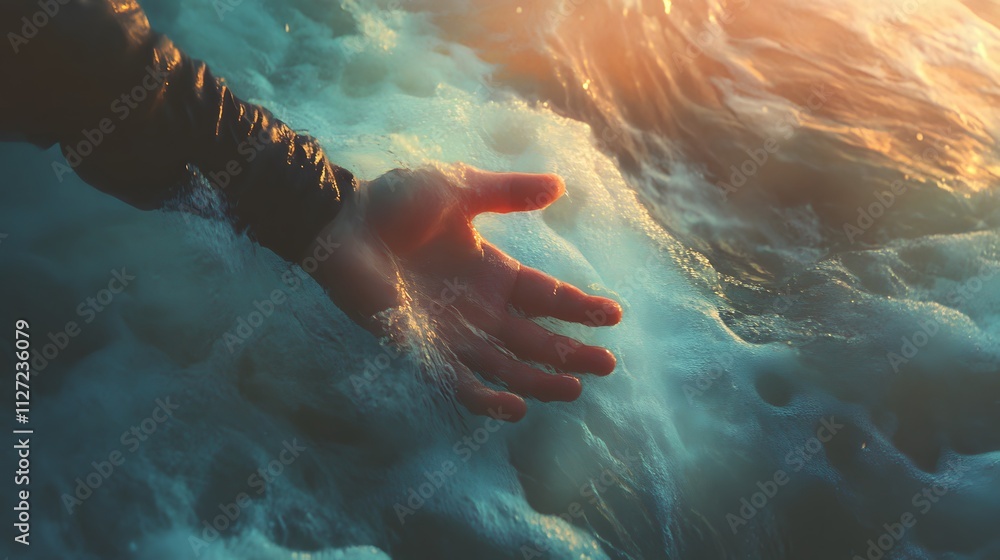 Poster hand reaching out to ocean waves at sunset, capturing the essence of serendipity and connection with