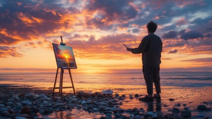 Obraz premium Artist at Sunset: Capturing the Beauty of Nature on Canvas at the Beach
