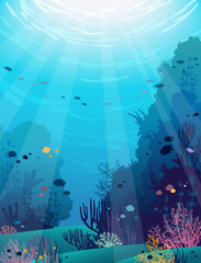 Vector illustration with underwater nature. Seascape with colorful coral reef and school of fish on a blue ocean background. Flora and fauna of sea.