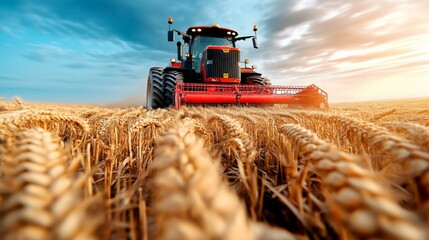 Fototapeta premium A tractor harvesting golden wheat in a sunlit field at dusk, showcasing the beauty of agricultural work and nature's bounty