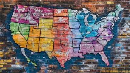Fototapeta premium Colorful Graffiti Map of the United States on a Brick Wall