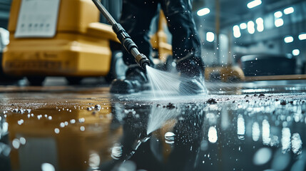 A dramatic action shot showing water droplets flying mid-air as a high-pressure washer cuts through grease and dirt, with a gleaming floor beneath.