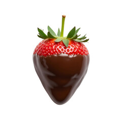PNG of Delicious chocolate-covered strawberry, showcasing vibrant red color and fresh green leaves on transparent background.