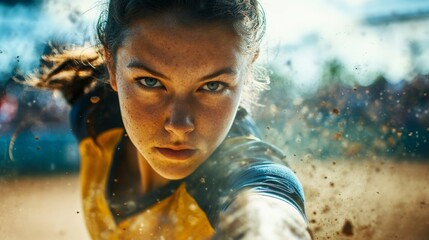 Dynamic Softball Player Captures Action in the Moment with Intense Focus and Power