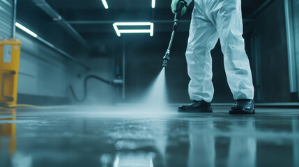Obraz premium A pressure washer operator in protective gear efficiently cleaning a garage floor, with the sparkling clean surface standing out dramatically against the dirty areas.