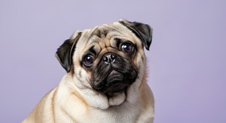 Adorable pug dog with expressive eyes against pastel purple background