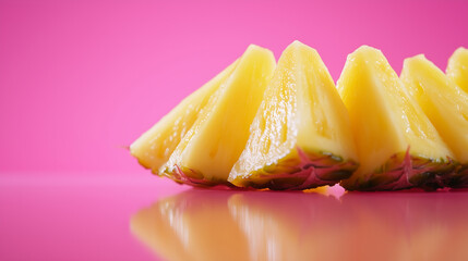 A close-up of pineapple pieces captured at a low angle, their edges sharp and juicy, with a clean studio setup and soft reflections.