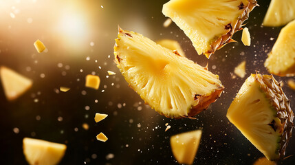 Pineapple slices tumbling through the air in a suspended animation effect, each piece catching light differently to highlight texture and juiciness.