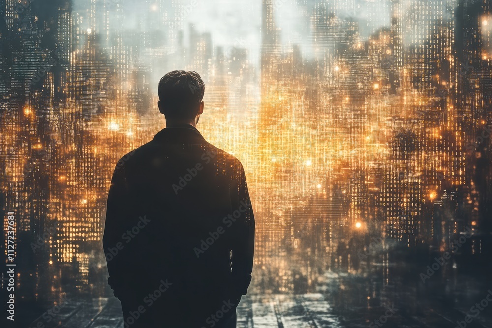 Poster innovative digital finance concept with a man and bitcoin tokens forming an abstract storytelling ba