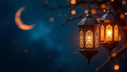 A row of lanterns with a crescent moon in the background, lantern for islamic ramadan celebration