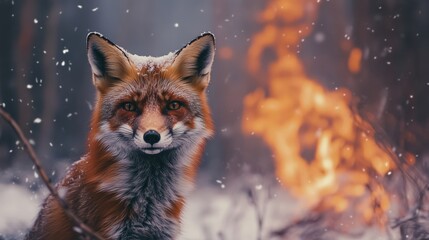 A vibrant fox in a snowy landscape with a warm fire in the background. Nature and wildlife blend beautifully in this scene.