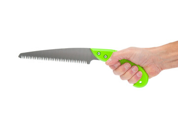 Garden saw in hand close up isolated on white background