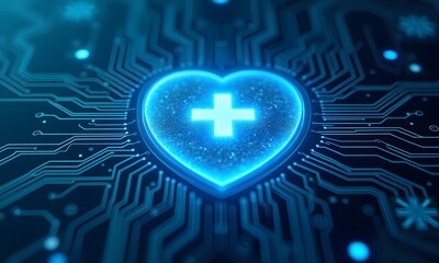 Blue Circuit Board with Electronics and Microchip Components representing advancements in health care, Generative AI