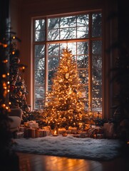 Cozy Christmas Eve, Illuminated Tree by Frosted Window, Gifts Underneath, Warm Festive Setting, Holiday Spirit Ambiance Concept