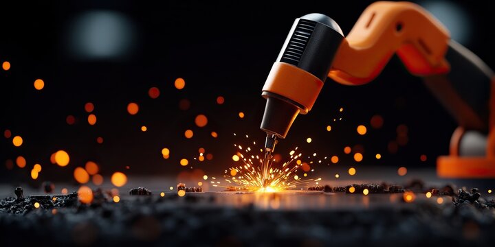 A robotic arm emits sparks while welding, showcasing advanced technology in a dark environment.