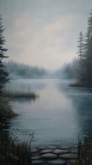 Fototapeta premium A serene lakeside scene shrouded in mist, evoking tranquility and nature's beauty.