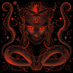 Abstract illustration of a red and black snake dragon. Christmas New Year 2025 symbol. Spiritual nymph background minimalistic dark colors. Mandala Design