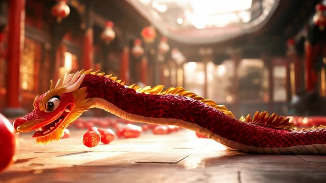 A cartoon Chinese dragon in a Chinese temple celebrating Chinese New Year