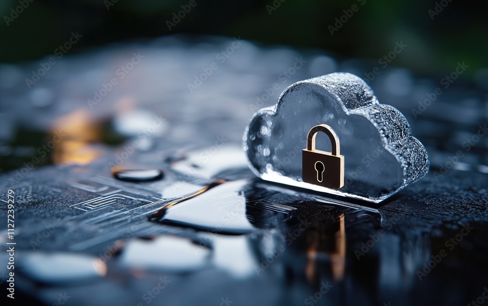 Poster a crystal cloud with a padlock symbolizes data security and privacy, surrounded by droplets of water