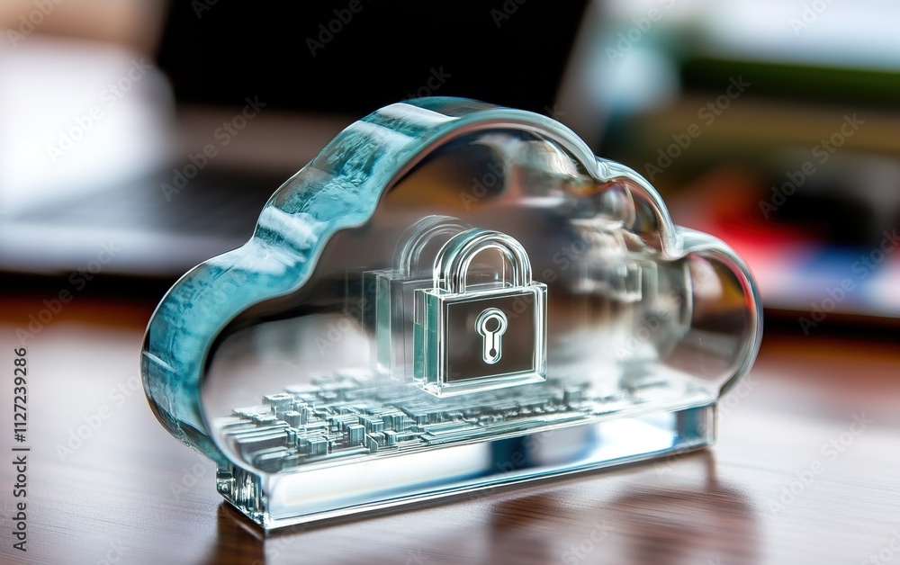 Poster a transparent cloud-shaped sculpture featuring a padlock, symbolizing data security and cloud comput