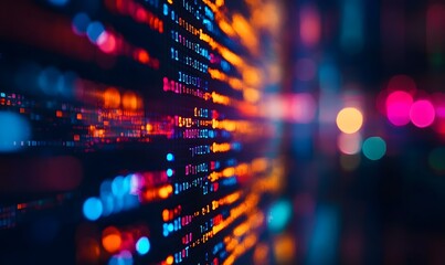 a computer screen with detailed code lines, set against a backdrop of colorful bokeh lights